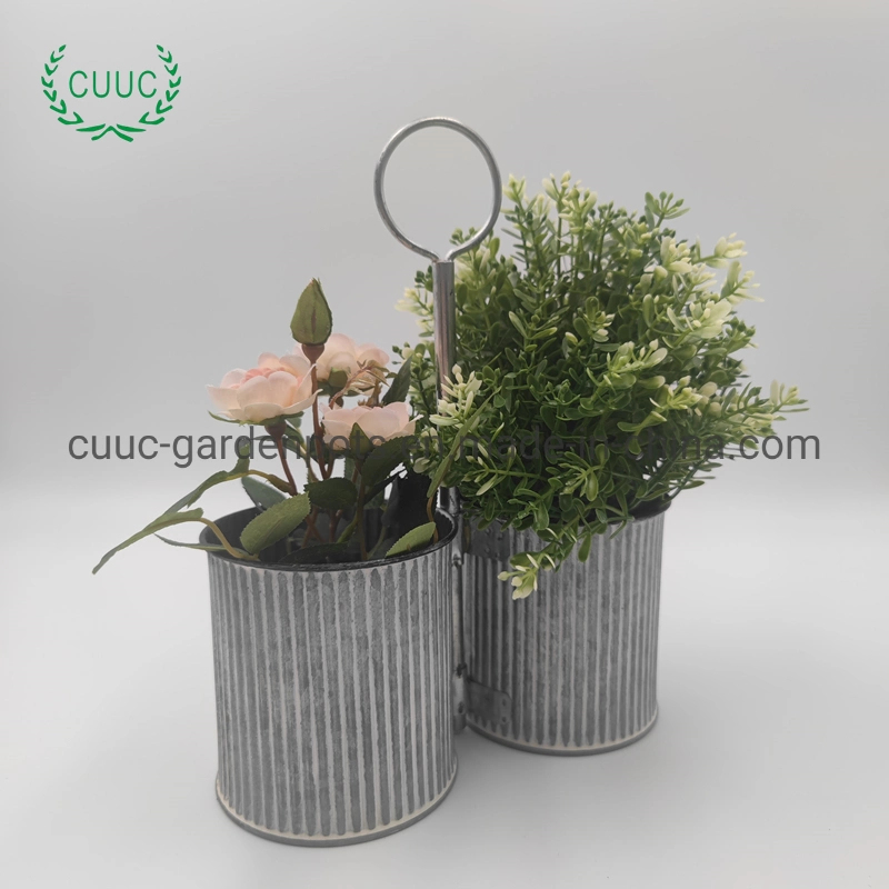 Gray Color Embossed Vertical Stripe Pattern Galvanized Hanging Planter