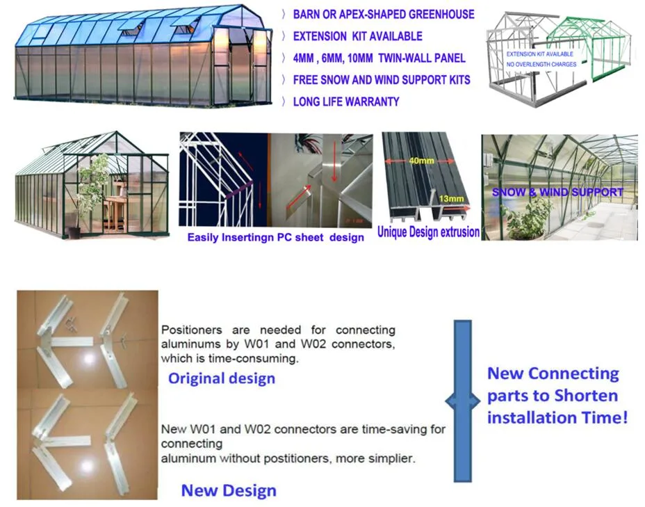 Multi Span 10mm Polycarbonate Sheet Greenhouse Barn Style Aluminium Garden Greenhouse Rdgu0816-10mm